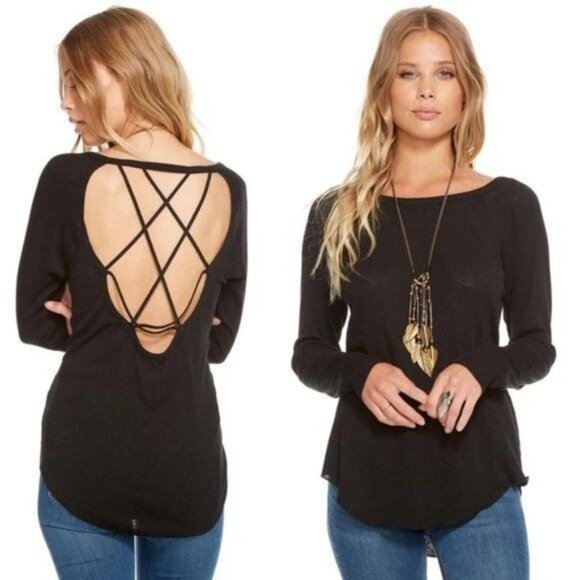 Chaser Waffle Knit Criss Cross Open Back Long Sleeve Tee Size M - Picture 1 of 5
